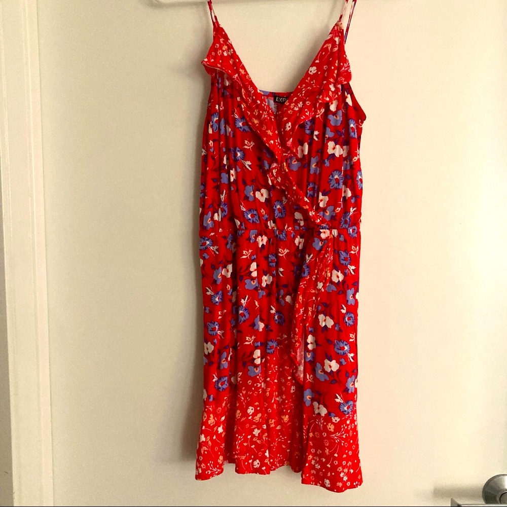 Red multi floral patterned dress. Express. Faux wrap. Medium